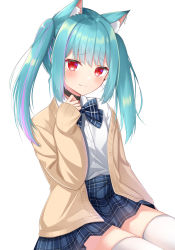 Rule 34 | 1girl, absurdres, animal ear fluff, animal ears, black choker, blue bow, blue bowtie, blue skirt, blush, bow, bowtie, brown cardigan, cardigan, cat ears, choker, closed mouth, commentary request, ear piercing, earrings, extra ears, green hair, highres, hololive, hoshino reiji, jewelry, long hair, long sleeves, looking at viewer, multicolored hair, official alternate costume, piercing, plaid, plaid bow, plaid bowtie, plaid skirt, purple hair, red eyes, shirt, sidelocks, skirt, sleeves past wrists, solo, streaked hair, thighhighs, twintails, uruha rushia, uruha rushia (school uniform), virtual youtuber, white background, white shirt