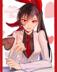 1girl arm_on_table black_hair black_shirt candy chocolate chocolate_heart english_text food ha_yuri_zahard happy_valentine heart heart-shaped_food heart_background highres jacket looking_at_viewer necktie ponytail red_eyes red_necktie red_ribbon ribbon shirt tower_of_god user_xpfh3758 valentine white_background white_jacket