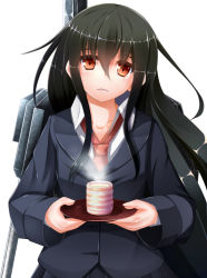 Rule 34 | 10s, 1girl, black hair, blazer, blush, cannon, collarbone, cup, fuuki (nicoseiga), fuuki (te fuukin), hatsushimo (kancolle), holding, jacket, kantai collection, long hair, looking at viewer, necktie, parted lips, red eyes, saucer, school uniform, simple background, solo, tea, teacup, white background, yunomi