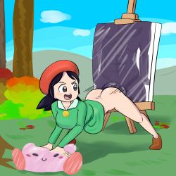 Rule 34 | 1boy, 1girl, abs, adeleine, arm support, ass, bent over, beret, black hair, blue sky, blush, blush stickers, bottomless, breasts, brown footwear, butt crack, canvas (object), cloud, collared shirt, dizzytizzy, flipped hair, grass, green shirt, happy sex, hat, hetero, hill, kirby, kirby (series), kirby 64, large breasts, leaning on person, legs, long sleeves, looking back, medium hair, motion lines, muscular, nintendo, open mouth, outdoors, parted bangs, penis, purple eyes, red headwear, sex, shadow, shirt, sky, smile, spread legs, teeth, testicles, tiptoes, tongue, tree, upper teeth only, v-shaped eyebrows