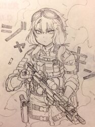 Rule 34 | 1girl, alternate costume, anti-materiel rifle, bolt action, bullpup, casing ejection, chest rig, closed mouth, cocking gun, collared shirt, commentary request, cowboy shot, dsr-50, dust cloud, empty eyes, explosive, fingerless gloves, glaring, gloves, goggles, goggles on head, graphite (medium), grenade, greyscale, gun, handgun, highres, holding, holding gun, holding weapon, holster, holstered, looking at viewer, monochrome, rifle, scope, shell casing, shirt, short hair with long locks, sleeves rolled up, sniper rifle, solo, sound effects, tactical clothes, thigh holster, thigh strap, toriniku29, traditional media, vocaloid, voiceroid, weapon, yuzuki yukari