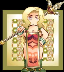 Rule 34 | 1girl, angry, bare legs, bare shoulders, blonde hair, boots, bracelet, breasts, chibi, cleavage, daimaou k, deel, frown, full body, haevest, hand on own hip, jewelry, large breasts, long hair, lowres, naked tabard, narrowed eyes, original, over shoulder, patterned background, polearm, purple eyes, sideboob, solo, tabard, transparent background, weapon