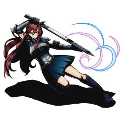 Rule 34 | 10s, 1girl, armor, black footwear, blue skirt, boots, breasts, brown eyes, divine gate, erza scarlet, fairy tail, full body, gauntlets, hair between eyes, holding, holding sword, holding weapon, knee boots, large breasts, long hair, looking at viewer, official art, pleated skirt, red hair, shadow, shoulder armor, skirt, solo, pauldrons, sword, transparent background, ucmm, very long hair, weapon