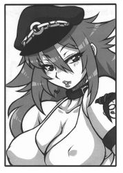 Rule 34 | 1girl, breasts, capcom, female focus, final fight, hat, large breasts, long hair, looking at viewer, monochrome, nakagami takashi, no bra, poison (final fight), simple background, smile, solo, street fighter