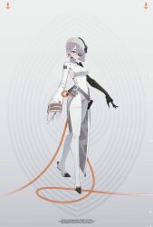 Rule 34 | 1girl, asymmetrical arms, breasts, cable, commentary, earrings, eyepatch, full body, grey background, grey eyes, grey hair, hair over one eye, heel-less heels, highres, jewelry, kerr74598272, looking at viewer, medium breasts, original, oversized forearms, oversized limbs, prosthesis, prosthetic arm, short hair, sideboob, solo, standing, symbol-only commentary
