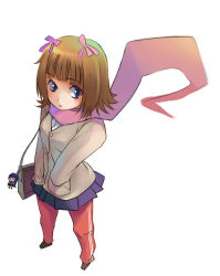 Rule 34 | 00s, 1girl, :o, amami haruka, bag, blue skirt, blush, from above, hair ribbon, handbag, idolmaster, idolmaster (classic), idolmaster 1, long sleeves, looking to the side, miniskirt, over shoulder, pants, parted lips, pink ribbon, pleated skirt, ribbon, rison, scarf, simple background, skirt, sleeves rolled up, solo, standing, sweater, track pants, white background