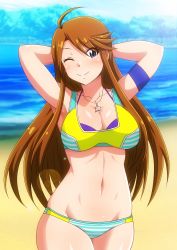 Rule 34 | 1girl, absurdres, armpits, arms behind head, artist request, beach, bikini, breasts, brown hair, character request, copyright request, highres, large breasts, legs, long hair, looking at viewer, navel, ocean, one eye closed, purple eyes, solo, swimsuit, thighs, water, wink