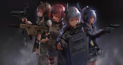 Rule 34 | 4girls, absurdres, animal ears, arknights, ballistic shield, beretta 92, blue eyes, brown hair, cat ears, catapult (arknights), commentary, dazzler (weapon), electroshock weapon, english commentary, exusiai (arknights), exusiai (wild operation) (arknights), finger on trigger, flash shield, flashlight, glock, gloves, goggles, goggles on head, grenade launcher, gun, handgun, headset, highres, holding, holding gun, holding weapon, horns, id card, jacket, jessica (arknights), kriss usa, kriss vector, less-than-lethal weapon, light, liskarm (arknights), magpul, midriff, multiple girls, official alternate costume, orange eyes, purple hair, red hair, riot shield, shield, short shorts, shorts, silver hair, simple background, smoke, stun shield, submachine gun, suppressor, thighhighs, track jacket, transformational defense industries, trigger discipline, weapon, xiao po qie