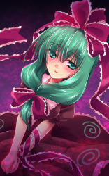 Rule 34 | 1girl, aqua eyes, bow, breasts, dress, frills, front ponytail, green hair, hair bow, hair ribbon, kagiyama hina, large breasts, lipstick, long dress, looking at viewer, makeup, own hands clasped, own hands together, red dress, ribbon, solo, touhou, yamu (reverse noise)
