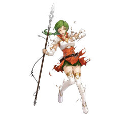 Rule 34 | 1girl, armor, boots, braid, braided ponytail, breastplate, breasts, damaged, dress, female focus, fingerless gloves, fire emblem, fire emblem: the sacred stones, fire emblem heroes, gloves, green eyes, green hair, high heel boots, high heels, holding, holding polearm, holding weapon, long hair, low ponytail, matching hair/eyes, nintendo, official art, one eye closed, open mouth, orange dress, polearm, shorts, shorts under skirt, small breasts, solo, standing, teeth, thigh boots, thigh shorts, torn boots, torn clothes, torn dress, torn shorts, uroko (mnr), v-shaped eyebrows, vanessa (fire emblem), weapon, white background, white footwear, white gloves, wince