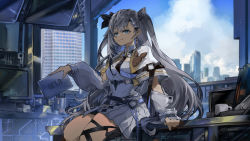 Rule 34 | 1girl, absurdres, belt, black belt, black necktie, blue eyes, braid, breasts, city, cone hair bun, cropped jacket, detached sleeves, dress, earrings, french braid, grey hair, grey jacket, hair bun, hair ornament, hair ribbon, hairclip, highres, holding, holding tablet pc, hololive, hololive indonesia, holster, indoors, jacket, jewelry, long hair, looking at viewer, medium breasts, necktie, pleated dress, ribbon, short dress, sitting, smile, smug, solo, tablet pc, thigh holster, thigh strap, two side up, very long hair, vestia zeta, virtual youtuber, vyragami, white dress