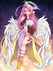 Rule 34 | 1girl, angel wings, asymmetrical legwear, book, breasts, colored eyelashes, commentary, commission, spiked halo, crop top, cross, english commentary, feathered wings, gloves, gradient eyes, gradient hair, halo, highres, holding, holding book, jibril (no game no life), karousel, large breasts, long hair, looking at viewer, low wings, magic circle, midriff, mismatched legwear, multicolored eyes, multicolored hair, no game no life, open mouth, orange eyes, pink hair, shoes, sideboob, single shoe, solo, symbol-shaped pupils, tattoo, thighhighs, white wings, wing ears, wings, yellow eyes