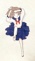 Rule 34 | 1girl, arms up, bare legs, barefoot, blue sailor collar, blue skirt, brown hair, feet, from above, full body, hair spread out, highres, jitome, leg up, light brown hair, limited palette, looking at viewer, looking to the side, lying, medium hair, midriff peek, neckerchief, no mouth, on back, original, pleated skirt, puffy sleeves, red neckerchief, sailor collar, sailor shirt, school uniform, serafuku, shirt, simple background, skirt, sleeve cuffs, sleeves past elbows, solo, toe scrunch, toes, tokunaga aoi, traditional media, white background, white shirt