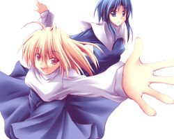 Rule 34 | 00s, 2girls, ahoge, arcueid brunestud, blonde hair, blue skirt, breasts, ciel (tsukihime), fuyuwa kotatsu, large breasts, long skirt, long sleeves, looking at viewer, multiple girls, outstretched arms, purple skirt, robe, short hair, simple background, skirt, standing, sweater, tsukihime, white background