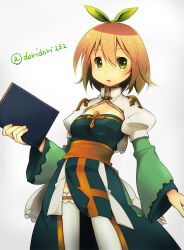Rule 34 | 1girl, arch bishop (ragnarok online), arrow cross, blonde hair, blue dress, blush, book, bow, breasts, brown hair, cleavage cutout, clothing cutout, commentary request, cowboy shot, cross, doridori, dress, expressionless, frilled thighhighs, frills, green bow, green eyes, hair bow, holding, holding book, juliet sleeves, long sleeves, looking at viewer, open mouth, pelvic curtain, puffy sleeves, ragnarok online, sash, short hair, simple background, small breasts, solo, thighhighs, twitter username, two-tone dress, white background, white dress, white thighhighs, yellow sash