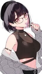 Rule 34 | 1girl, armband, armpits, beret, black hair, black hat, black nails, black pants, blunt bangs, bob cut, breasts, candy, cleavage, colored inner hair, commentary, earrings, eating, food, glasses, hat, highres, holding, holding candy, holding food, holding lollipop, jewelry, kayahara, large breasts, lollipop, looking at viewer, multicolored hair, nijisanji, off shoulder, pants, pink eyes, pink hair, ring, seto miyako, short hair, simple background, sleeveless, sleeveless turtleneck, sleeves past wrists, solo, symbol-only commentary, turtleneck, upper body, virtual youtuber, white background