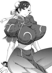 Rule 34 | 1girl, bracelet, breasts, bun cover, capcom, china dress, chinese clothes, chun-li, double bun, dress, earrings, greyscale, hair ribbon, huge breasts, jewelry, kokuriu, monochrome, pantyhose, pelvic curtain, perky breasts, puffy short sleeves, puffy sleeves, ribbon, sash, short hair, short sleeves, sitting, narrow waist, smile, solo, spiked bracelet, spikes, street fighter