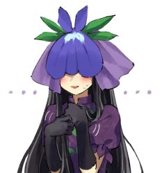 1girl black_gloves black_hair blush china_dress chinese_clothes covered_eyes dress flower flower_on_head gloves kaigen_1025 long_hair open_mouth purple_dress purple_flower short_sleeves simple_background solo touhou upper_body white_background yomotsu_hisami