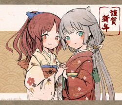 Rule 34 | 2girls, alternate costume, bell, brown eyes, brown hair, commentary request, cowboy shot, floral print, green eyes, grey hair, hair bell, hair ornament, holding hands, japanese clothes, jingle bell, kantai collection, kimono, long hair, looking at viewer, low twintails, mikura (kancolle), multiple girls, new year, red kimono, twintails, wavy hair, white kimono, wss (nicoseiga19993411), yashiro (kancolle)