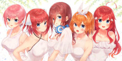 Rule 34 | &gt;:), 5girls, :d, ahoge, bare shoulders, blue eyes, blush, breasts, brown hair, butterfly hair ornament, cleavage, collarbone, criss-cross halter, dress, female focus, frilled dress, frills, go-toubun no hanayome, gyozanuko, hair ornament, hair over one eye, hair ribbon, halter dress, halterneck, headphones, headphones around neck, highres, large breasts, long hair, medium breasts, multiple girls, nakano ichika, nakano itsuki, nakano miku, nakano nino, nakano yotsuba, open mouth, orange hair, pink hair, quintuplets, red hair, ribbon, short hair, short sleeves, siblings, sisters, sleeveless, sleeveless dress, smile, star (symbol), star hair ornament, two side up, upper body, v-shaped eyebrows, white dress, white ribbon