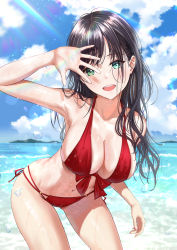 Rule 34 | 1girl, absurdres, arm up, bare shoulders, beach, bikini, black hair, blue sky, breasts, cleavage, collarbone, commentary, cowboy shot, day, eyes visible through hair, green eyes, halterneck, highres, large breasts, leaning forward, long hair, looking at viewer, mole, mole on leg, mole on thigh, navel, original, outdoors, red bikini, resolution mismatch, revision, side-tie bikini bottom, sky, solo, source smaller, standing, stomach, swimsuit, tooku0, water, wet