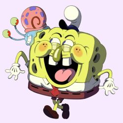 1boy gary_(spongebob_squarepants) gloves highres laughing open_mouth pac-man_eyes sideburn_city_sketches smile snail snail_on_head sponge spongebob_squarepants spongebob_squarepants_(series) teeth toon_(style) upper_teeth_only white_gloves