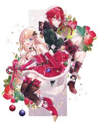 Rule 34 | 10s, 2boys, ;d, abandon ranka, bell, black legwear, blonde hair, blue eyes, boots, bow, brown gloves, candy, candy cane, christmas, christmas ornaments, cross-laced footwear, dress, elbow gloves, food, fruit, gift, gloves, hair ornament, high heels, highres, holly hair ornament, knee boots, lace-up boots, leaf, male focus, midare toushirou, multiple boys, one eye closed, open mouth, plaid, plaid shorts, red gloves, red hair, santa costume, scarf, shinano toushirou, shorts, smile, strawberry, thighhighs, touken ranbu, trap