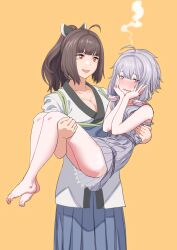 Rule 34 | 2girls, absurdres, aged up, ahoge, alternate hair color, averting eyes, barefoot, blue skirt, blunt bangs, blush, breasts, brown hair, carrying, cleavage, dress, embarrassed, empire waist, furrowed brow, grey dress, grey hair, hands on own cheeks, hands on own face, hands up, head steam, headgear, highres, japanese clothes, kimono, large breasts, long hair, long skirt, looking at another, looking to the side, mashima jirou, multiple girls, no pants, nose blush, open mouth, orange background, pleated skirt, ponytail, princess carry, raised eyebrows, ribbed dress, short dress, short hair with long locks, simple background, skirt, sleeveless, sleeveless dress, sleeves rolled up, smile, tall female, tasuki, touhoku kiritan, vocaloid, voiceroid, wavy mouth, white kimono, yuri, yuzuki yukari