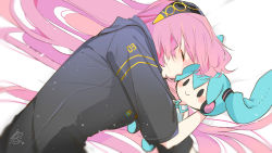 Rule 34 | 1girl, :&gt;, aqua hair, aqua necktie, bare shoulders, black hoodie, blush, character doll, closed eyes, commentary, grey shirt, hair ornament, hairband, hatsune miku, headphones, hood, hoodie, light particles, long hair, lying, megurine luka, necktie, hugging object, on side, pink hair, shirt, signature, sleeping, sleeveless, sleeveless shirt, smile, solid oval eyes, solo, twintails, upper body, very long hair, vocaloid, wanaxtuco