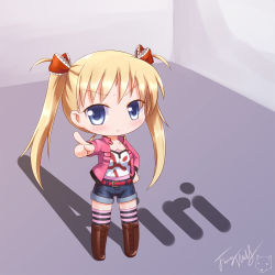Rule 34 | akizuki airi, blonde hair, blue eyes, bow, character name, chibi, commentary, langbazi, long hair, looking at viewer, oni chichi, shoes, shorts, striped clothes, striped thighhighs, thigh gap, thighhighs, twintails, zettai ryouiki
