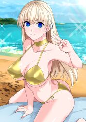 Rule 34 | 1girl, absurdres, bad source, barefoot, beach, bikini, blonde hair, blue eyes, blue sky, blush, breasts, cleavage, closed mouth, collarbone, day, gold bikini, gold choker, haruhisky, highres, large breasts, long hair, looking at viewer, mariana princilla, navel, ocean, outdoors, reco love, reco love gold beach, sand, side-tie bikini bottom, sky, smile, solo, swimsuit, v