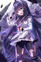 Rule 34 | 10s, 1girl, akemi homura, black eyes, black hair, crying, crying with eyes open, gendo0032, gendo0033, gun, handgun, holding, long hair, looking at viewer, mahou shoujo madoka magica, mahou shoujo madoka magica (anime), pantyhose, pleated skirt, pointing, pointing at self, skirt, solo, streaming tears, tears, torn clothes, torn pantyhose, very long hair, weapon