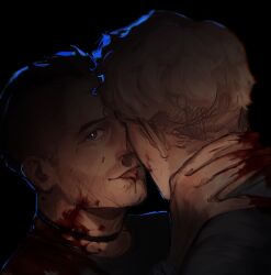 2boys black_background black_choker black_shirt blonde_hair blood blood_on_face blood_on_neck brown_eyes brown_hair call_of_duty call_of_duty:_modern_warfare_2 choker couple ghost_(modern_warfare_2) hand_on_another&#039;s_neck highres kiss looking_at_viewer male_focus mohawk multiple_boys shirt short_hair simple_background soap_(modern_warfare_2) tb_png tongue tongue_out yaoi