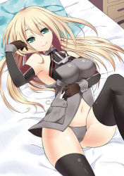 Rule 34 | 1girl, anchor, armpits, atago (kancolle), bismarck (kancolle), bismarck (kancolle) (cosplay), black gloves, black thighhighs, blonde hair, blush, breasts, closed mouth, commentary request, cosplay, elbow gloves, feet out of frame, gloves, green eyes, grey jacket, grey panties, hair between eyes, jacket, kantai collection, large breasts, long hair, looking at viewer, lying, miya (chocolate holic), navel, no pants, on back, on bed, panties, pillow, smile, solo, thighhighs, underwear
