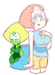 Rule 34 | 2girls, alternate breast size, blue eyes, blush, breasts, colored skin, cowboy shot, female focus, flat color, forehead jewel, gnome-no, green skin, large breasts, long nose, multiple girls, pearl (steven universe), peridot (steven universe), simple background, standing, steven universe, visor, white background