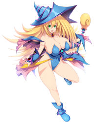 Rule 34 | 1girl, absurdres, adapted costume, bare shoulders, blonde hair, blue leotard, blush stickers, boots, bracer, breasts, cameltoe, cleavage, cleft of venus, collar, collarbone, covered navel, dark magician girl, full body, green eyes, hair between eyes, happy, hat, highleg, highleg leotard, highres, huge breasts, legs, leotard, long hair, looking at viewer, open mouth, simple background, skin tight, smile, solo, staff, standing, standing on one leg, tongue, tsukasawa takamatsu, white background, wizard hat, yu-gi-oh!