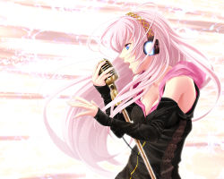 Rule 34 | 1girl, aizawa kotarou, blue eyes, breasts, cleavage, detached sleeves, headphones, highres, holding, holding microphone, long hair, megurine luka, microphone, open mouth, pink hair, solo, vocaloid