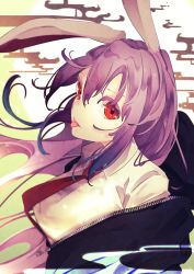 Rule 34 | 1girl, :p, animal ears, bad id, bad twitter id, black jacket, breasts, colored eyelashes, commentary, hair between eyes, highres, jacket, large breasts, long hair, looking at viewer, necktie, off shoulder, purple hair, rabbit ears, red eyes, red necktie, reisen udongein inaba, shirt, sidelocks, solo, tongue, tongue out, touhou, upper body, white shirt, yonemuro, zipper