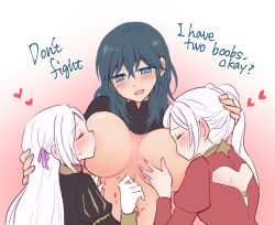 Rule 34 | 3girls, blue eyes, blush, grabbing another&#039;s breast, breast sucking, breasts, byleth (female) (fire emblem), byleth (fire emblem), closed eyes, clothed sex, clothes, double breast sucking, edelgard von hresvelg, english text, female focus, fire emblem, fire emblem: three houses, grabbing, groping, hand on another&#039;s head, huge breasts, long hair, looking at viewer, multigrope, multiple girls, nagasawa (tthnhk), nintendo, open clothes, open mouth, ponytail, white hair, yuri