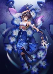 Rule 34 | 1girl, blue eyes, breasts, brown hair, detached sleeves, final fantasy, final fantasy x, flower, full body, green eyes, hakama, hakama skirt, heterochromia, holding, japanese clothes, jewelry, looking at viewer, necklace, sasanomesi, short hair, skirt, smile, solo, square enix, staff, valefor, wings, yuna (ff10)