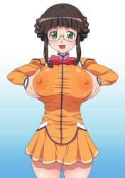 Rule 34 | 00s, 1girl, absurdres, black hair, breast hold, breasts, female focus, fujisawa yayoi, glasses, gradient background, green eyes, highres, huge breasts, looking at viewer, okamura hijiki, skirt, smile, solo, uchuu no stellvia, uniform, white background