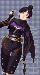 Rule 34 | 1girl, airpods, animification, apex legends, belt, black bodysuit, black gloves, black hair, black scarf, blue background, blue eyes, bodysuit, breasts, brown belt, character name, earphones, frown, gloves, hair bun, highres, holding, holding earphones, kunai, leaning to the side, looking at viewer, medium breasts, namjak, nose piercing, parted lips, piercing, plaid, plaid background, scarf, single hair bun, solo, thigh belt, thigh strap, weapon, wireless earphones, hope&#039;s dusk (apex legends), wraith (apex legends)