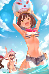 Rule 34 | 2girls, :d, absurdres, alternate costume, animal ears, armpits, arms up, ball, bare shoulders, beachball, bikini, black hair, blue archive, breasts, carrying, cleavage, collarbone, commentary request, eyeshadow, fox ears, fox girl, fox tail, gradient hair, grey hair, hair between eyes, hair ornament, halo, highres, in water, innertube, izuna (blue archive), izuna (swimsuit) (blue archive), katana, long hair, looking at another, makeup, medium hair, michiru (blue archive), multicolored hair, multiple girls, navel, official alternate costume, one side up, open mouth, pom pom (clothes), pom pom hair ornament, raccoon ears, raccoon girl, raccoon hair ornament, raccoon tail, red scarf, scarf, scrunchie, short shorts, shorts, sidelocks, sleeveless, small breasts, smile, spaghetti strap, stomach, striped bikini, striped clothes, sunglasses, swim ring, swimsuit, sword, tail, thick eyebrows, twintails, visor cap, waving, weapon, weapon on back, wet, wet clothes, wet swimsuit, wrist scrunchie, yellow eyes, ziz (pandora707)