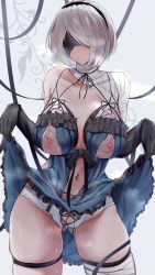 Rule 34 | 1girl, absurdres, blindfold, breasts, cosplay, gluteal fold, groin, highres, huge breasts, kaine (nier), kaine (nier) (cosplay), kokihanada, nier:automata, nier (series), nipple slip, nipples, revealing clothes, solo, sweat, white hair, 2b (nier:automata)