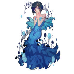 Rule 34 | 1girl, aldnoah.zero, amifumi inko, bare shoulders, beamed quavers, black hair, blue dress, chino kawashiku, cosplay, covering own mouth, dress, full body, grimm&#039;s fairy tales, looking at viewer, musical note, purple eyes, quaver, quaver rest, sheet music, short hair, solo, staff (music), standing, the little mermaid, the little mermaid (cosplay), water drop, white background