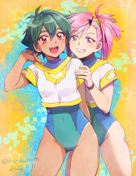 Rule 34 | 2girls, :d, battle athletes, blue one-piece swimsuit, clenched teeth, commentary request, covered navel, dated, green hair, grey eyes, hair between eyes, haruyama kazunori, highres, looking at viewer, multiple girls, one-piece swimsuit, open mouth, pink hair, red eyes, shirt, short sleeves, side ponytail, smile, standing, swimsuit, swimsuit under clothes, teeth, thighs, twitter username, white shirt