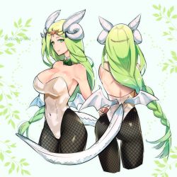 Rule 34 | 1girl, alternate costume, ass, bow, bowtie, braid, breasts, cleavage, closed mouth, covered navel, detached collar, dragon tail, female focus, fire emblem, fire emblem: three houses, fishnet pantyhose, fishnets, from behind, green eyes, green hair, highleg, highleg leotard, highres, horns, large breasts, leotard, long hair, matching hair/eyes, multiple views, nintendo, pantyhose, playboy bunny, rhea (fire emblem), tail, twitter username, white leotard, yomusugara (uzo-muzo)