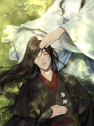 Rule 34 | 2boys, artist name, bishounen, black hair, blush, chinese clothes, closed eyes, commentary, commentary request, dappled sunlight, day, english commentary, eyelashes, flower, grass, hair ornament, hair ribbon, hand on another&#039;s head, hand up, hanfu, high ponytail, highres, lan wangji, lap pillow, long hair, long sleeves, lying, male focus, mixed-language commentary, modao zushi, multiple boys, on back, on grass, outdoors, parted bangs, parted lips, ponytail, raineemeow, red ribbon, red sash, ribbon, robe, sash, sidelocks, sitting, solo focus, sunlight, swept bangs, thai commentary, wei wuxian, white flower, white robe, wide sleeves