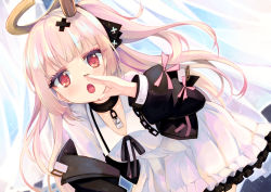 Rule 34 | 1girl, :o, black jacket, black ribbon, collared dress, commentary request, commission, crown, dress, frilled dress, frills, hair ornament, halo, hand up, highres, indie virtual youtuber, jacket, leaning forward, light brown hair, long hair, long sleeves, looking at viewer, mini crown, neck ribbon, one side up, open clothes, open jacket, open mouth, otogi kyouka, puffy long sleeves, puffy sleeves, red eyes, ribbon, skeb commission, solo, tokusari kukuri, very long hair, virtual youtuber, white dress, x hair ornament