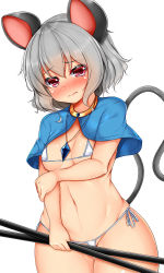 Rule 34 | 1girl, alternate costume, animal ears, arm grab, bikini, blush, breast hold, breasts, capelet, cleavage, colored eyelashes, daichi (tokoya), dowsing rod, embarrassed, grey hair, hair between eyes, highres, jewelry, lips, micro bikini, mouse ears, mouse tail, navel, nazrin, pendant, red eyes, short hair, side-tie bikini bottom, sideboob, small breasts, solo, stomach, swimsuit, tail, thighs, touhou, underboob, white bikini, wide hips